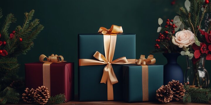 Minimalist style of velvet emerald green, navy, and burgundy papers gift boxes tied with gold ribbon on the table, surrounded by flowers in vases, fir branches, and pine cones. - Powered by Adobe