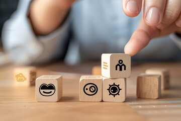 Soft skills HR concept. Hand puts wooden cubes with icons of soft skills, emotional intelligence, creativity, collaboration, adaptability, decision making and analytical thinking.