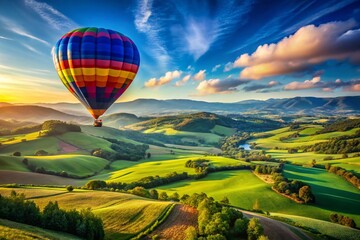 Fototapeta premium Breathtaking Hot Air Balloon Ride Over Scenic Landscapes with Vibrant Colors and Serene Atmosphere Captured in Candid Photography Style for Adventure Enthusiasts and Nature Lovers