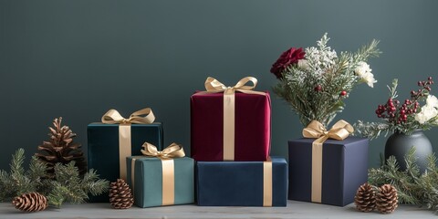 Minimalist style of velvet emerald green, navy, and burgundy papers gift boxes tied with gold ribbon on the table, surrounded by flowers in vases, fir branches, and pine cones.