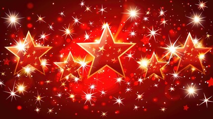 Stars background, festive mood, red and gold, glowing lights, glitter, cartoon style