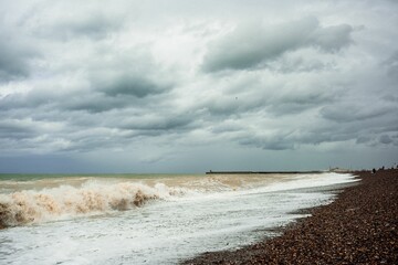Cloudy sea shore with waves