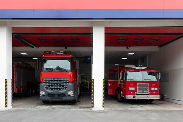 Fototapeta premium The fire truck parked in the garage