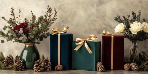 Minimalist style of velvet emerald green, navy, and burgundy papers gift boxes tied with gold ribbon on the table, surrounded by flowers in vases, fir branches, and pine cones.