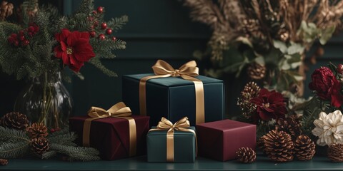 Minimalist style of velvet emerald green, navy, and burgundy papers gift boxes tied with gold ribbon on the table, surrounded by flowers in vases, fir branches, and pine cones.