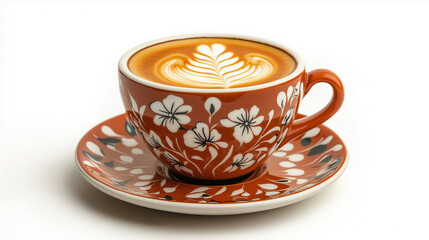 Fototapeta premium Decorative ceramic coffee cup with latte art on white background