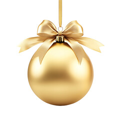 Gold ball with ribbon and a bow isolated on white and transparent background.