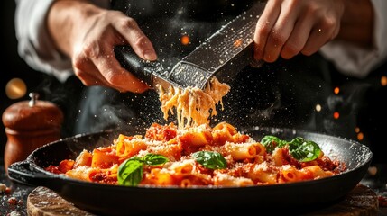 Freshly grated cheese on delicious pasta with herbs and spices
