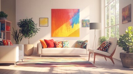 Bright and Airy Modern Living Room with Colorful Artwork and Plants