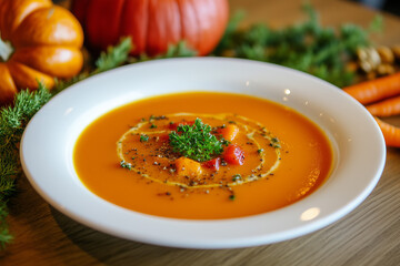 Pumpkin and Carrot Wasserman Mills soup in a white bowl on a wooden table with ingredients. Photograph in the style of ultra-realistic, hyper-detailed.