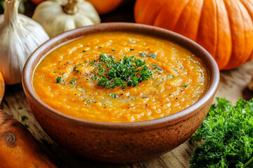 Pumpkin and Carrot Wasserman Mills soup in a white bowl on a wooden table with ingredients. Photograph in the style of ultra-realistic, hyper-detailed.