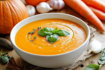 Pumpkin and Carrot Wasserman Mills soup in a white bowl on a wooden table with ingredients. Photograph in the style of ultra-realistic, hyper-detailed.