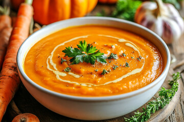 Pumpkin and Carrot Wasserman Mills soup in a white bowl on a wooden table with ingredients. Photograph in the style of ultra-realistic, hyper-detailed.