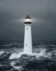 A solitary lighthouse stands tall amidst turbulent waves under a moody, overcast sky, its light piercing through the darkness.