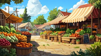 Obraz premium Vibrant and Bustling Outdoor Market Filled with Fresh Fruits and Vegetables Under a Bright Blue Sky with Fluffy Clouds and Charming Stalls in a Scenic Setting