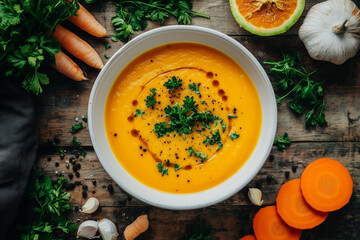 Pumpkin and Carrot Wasserman Mills soup in a white bowl on a wooden table with ingredients. Photograph in the style of ultra-realistic, hyper-detailed.