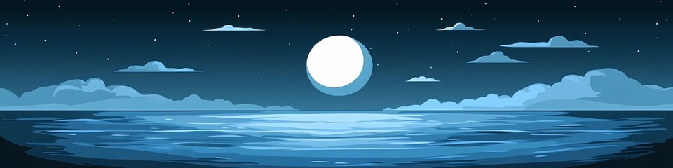 Serene Full Moon Over Ocean Vector Illustration