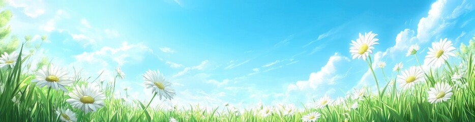 Obraz premium Beautiful spring meadow with white daisy flowers and vibrant green grass