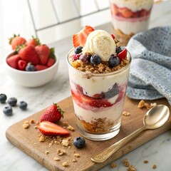 Ice cream parfait with layers of ice cream, fruit, and granola