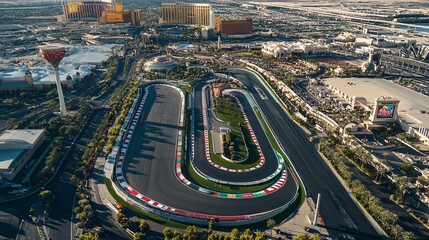 Aerial View of Race Track with Cityscape in the Background