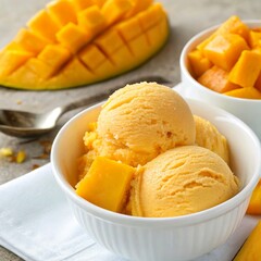 Mango sorbet in a bowl with fresh mango slices