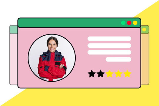 Composite photo collage of happy girl doctor tab hiring evaluation mark employment intern candidate isolated on painted background