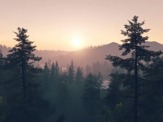 Misty Sunrise in the Pine Forest