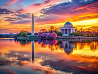 Obraz premium Candid Photography of Washington DC's National Mall with Stunning Mirror Reflections of the Washington Monument and Thomas Jefferson Memorial in Tranquil Waters