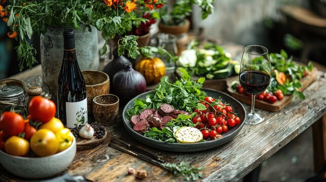 Rustic Gourmet Dinner Wine Salad Steak Tomatoes