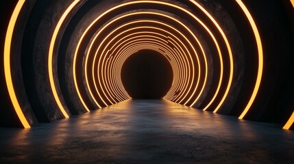 Obraz premium A dimly lit tunnel with glowing circular lights creates a futuristic ambiance, leading into a dark void.