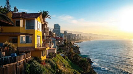 Vibrant coastal view of a colorful house atop a cliff with a stunning sunset over the ocean and a skyline in the distance showcasing modern city life