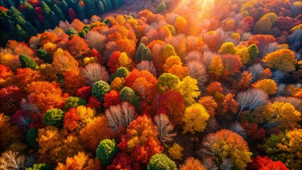 Fototapeta premium Captivating Aerial View of a Vibrant Autumn Forest with Richly Colored Foliage and Natural Patterns Showcasing the Beauty of Fall in Nature Photography