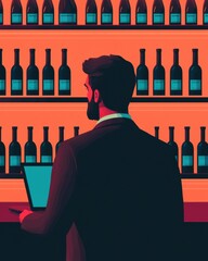 A man in a suit stands before a colorful wine display, holding a laptop, contemplating his choice among numerous wine bottles.