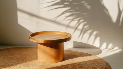 Modern round wooden side table with sunlight pouring through the window, casting tropical leaf shadows on a white wall background, ideas for showcasing luxury and organic products in a stylish setting