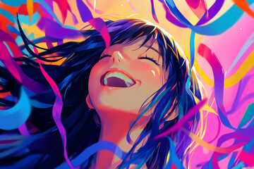 Naklejka premium A cute anime-style girl with long hair laughing and partying, vibrant colors, digital art style, vector illustration, confetti in the background, colorful ribbons, joyful atmosphere.