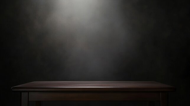 Wooden table in a dark room with soft lighting, creating a dramatic and elegant atmosphere for advertising and luxury product display, ideas for conceptual and high-end marketing visuals