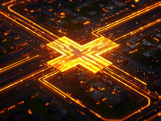 Glowing circuit board intersection with futuristic design