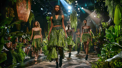 A fashion show with models wearing sustainable outfits, including tops made from bamboo fibers and skirts made from recycled polyester, the backdrop filled with plants, environmental responsibility