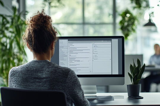 A person sitting at their desk, looking over the shoulder of someone who is creating an online form on a computer screen. The focus should be completely centered around them, and there should only be.