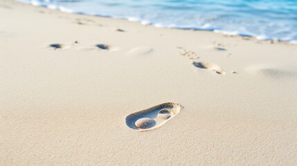 Close up of a single footprint in the sand surrounded by shells and rocks under a clear sky