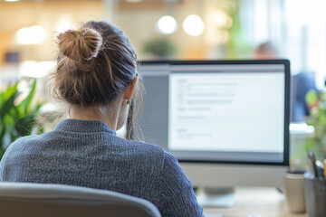 A person sitting at their desk, looking over the shoulder of someone who is creating an online form on a computer screen. The focus should be completely centered around them, and there should only be.