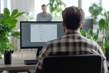 A person sitting at their desk, looking over the shoulder of someone who is creating an online form on a computer screen. The focus should be completely centered around them, and there should only be.
