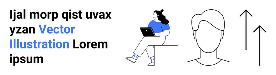 Woman sitting with a laptop, human head outline, and arrows. Ideal for tech, education, business growth, web design, innovation, modern art, and creativity. Landing page