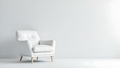 A white armchair in a minimalist room with a plain white wall background