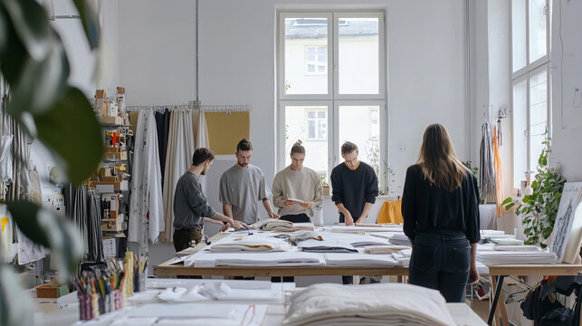 A team of young designers brainstorming in a studio filled with fabric samples, all made from sustainable materials like algae-based textiles and organic cotton, collaboration and design