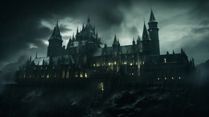 Obraz premium Mysterious ancient castle enveloped in clouds and rain, evoking a sense of enchantment
