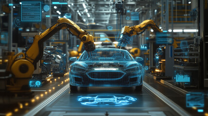 An industrial factory with robotic arms working on cars, surrounded by digital data and icons representing smart manufacturing processes in the style of futuristic tech, with a blue color scheme.