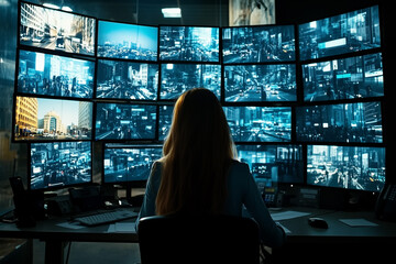 Female security guard sitting at the desk, looking through multiple monitors displaying live footage of buildings and streets in the city center, with a dark background and a high-tech atmosphere.