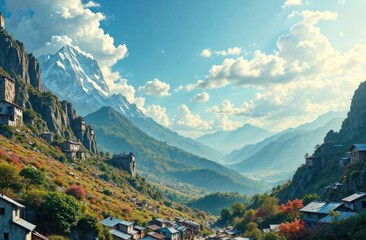 houses in the mountains. Beautiful landscape mountains and sky