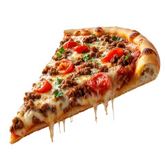 Front view of a hyperrealistic slice of bolognese pizza levitating in mid-air, isolated on a white transparent background